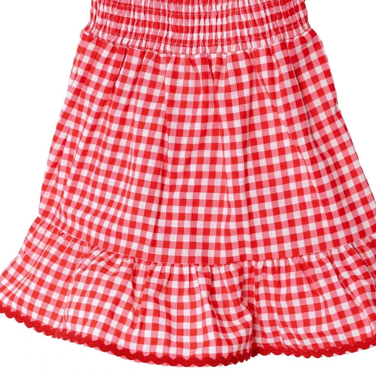 Pink gingham baby dress skirt with layered gathers and elastic waist ruffles