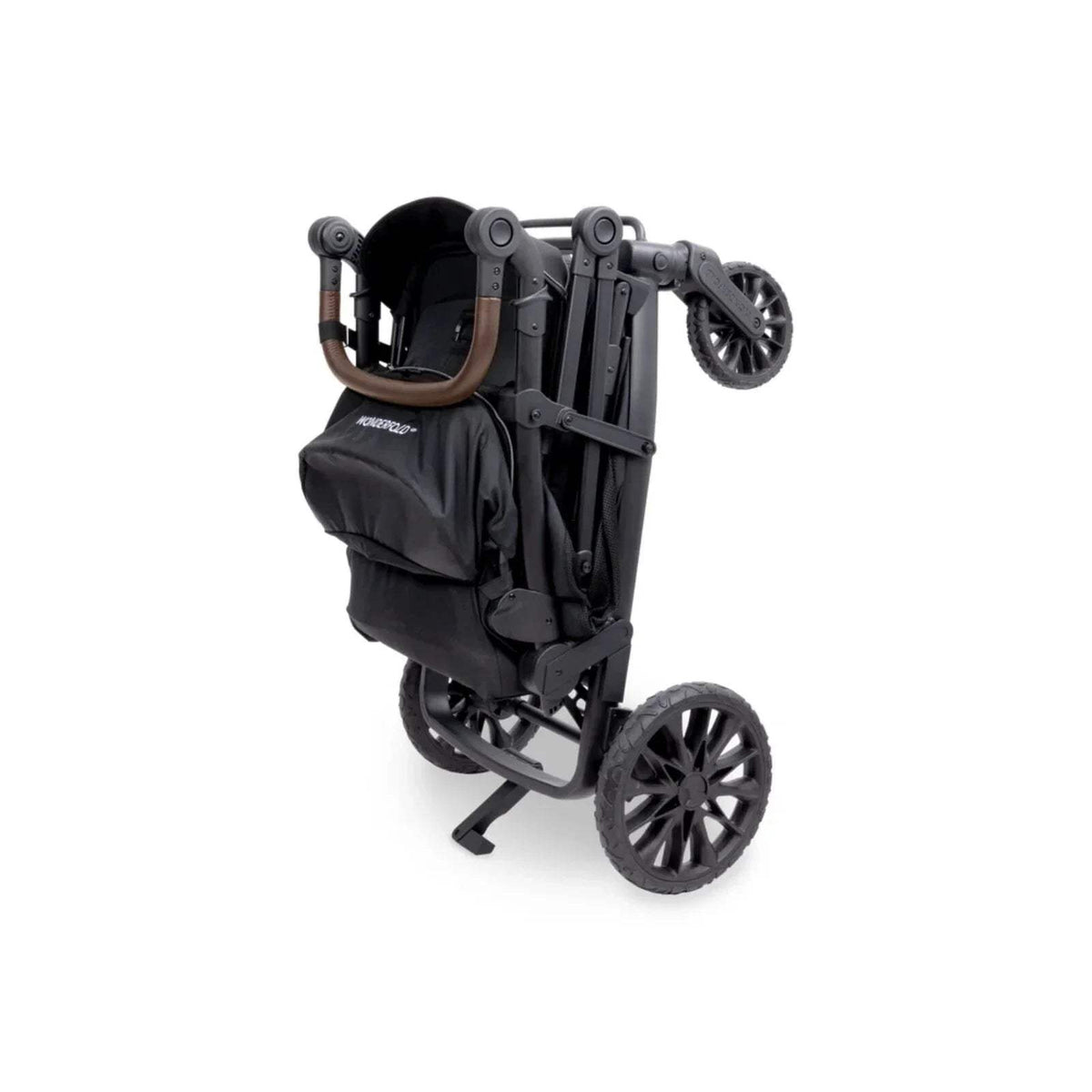 Black quad stroller wagon rear three-quarter view with canopy frame and large wheels