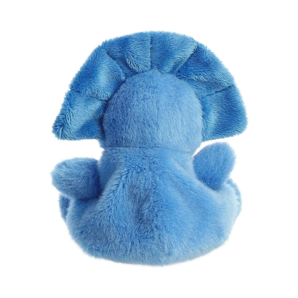 Blue plush triceratops soft toy, back view, plush horns and frill
