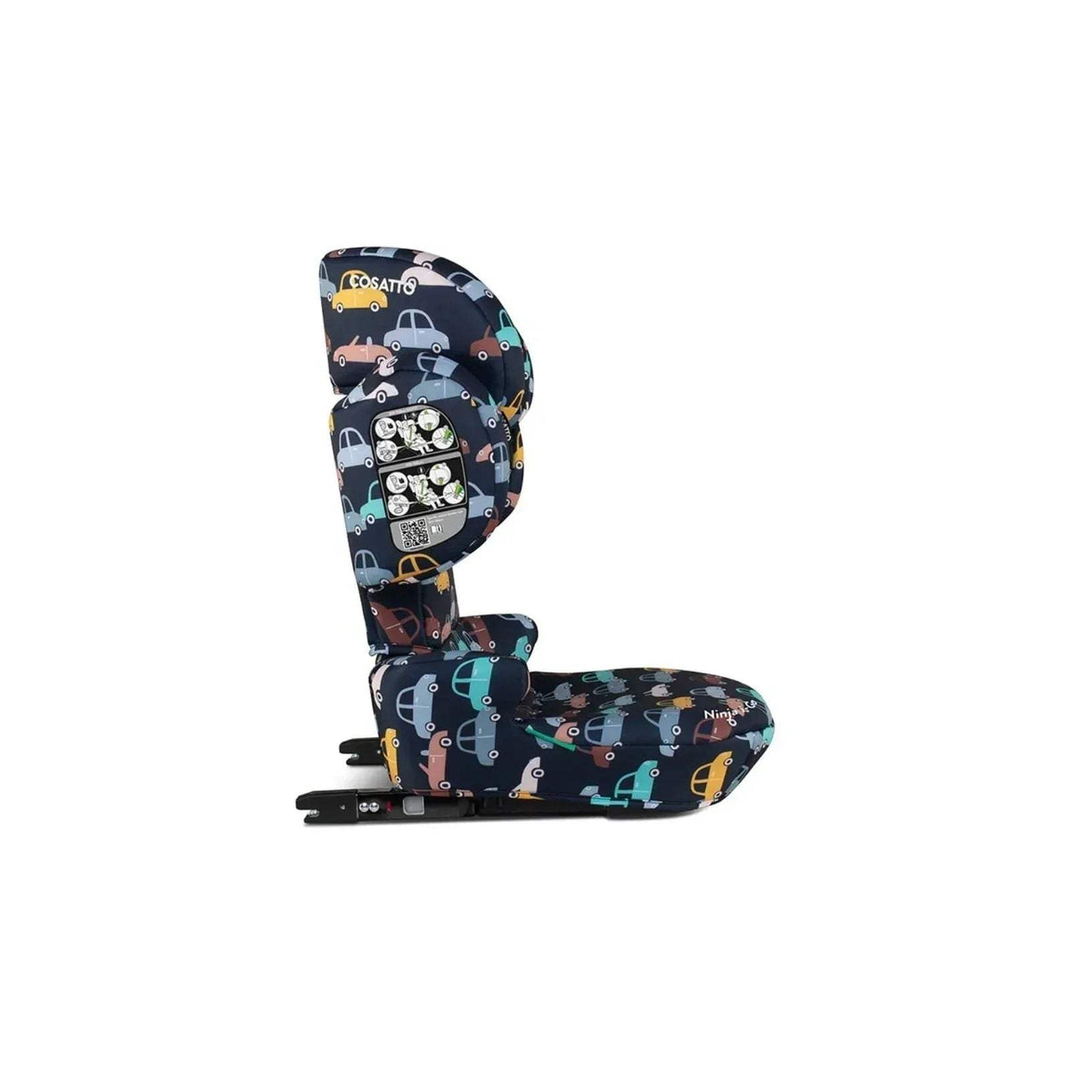Kids car seat side view with base, navy car print upholstery