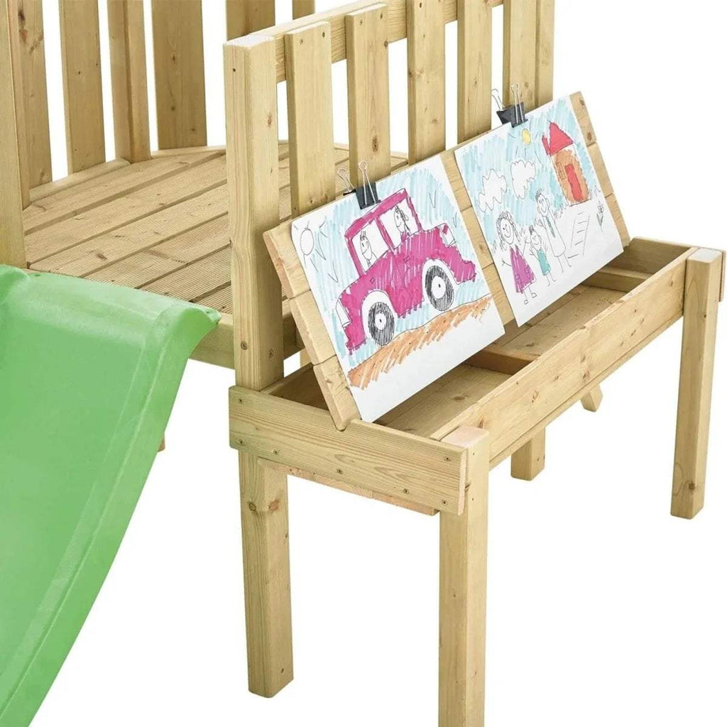 Wooden play bench with colorful vehicle-style seat graphic and green slide edge