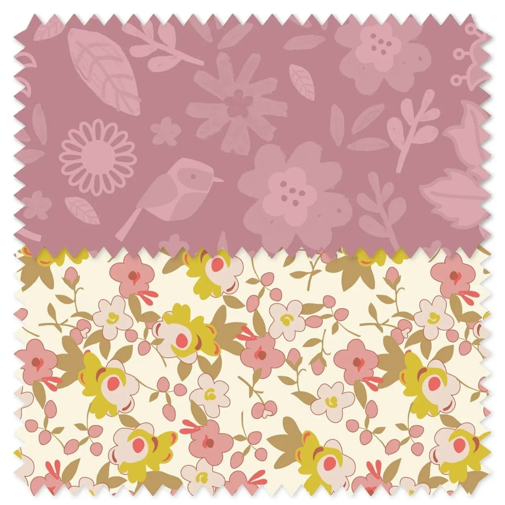 Pink and cream floral fabric swatch with leaf and flower pattern
