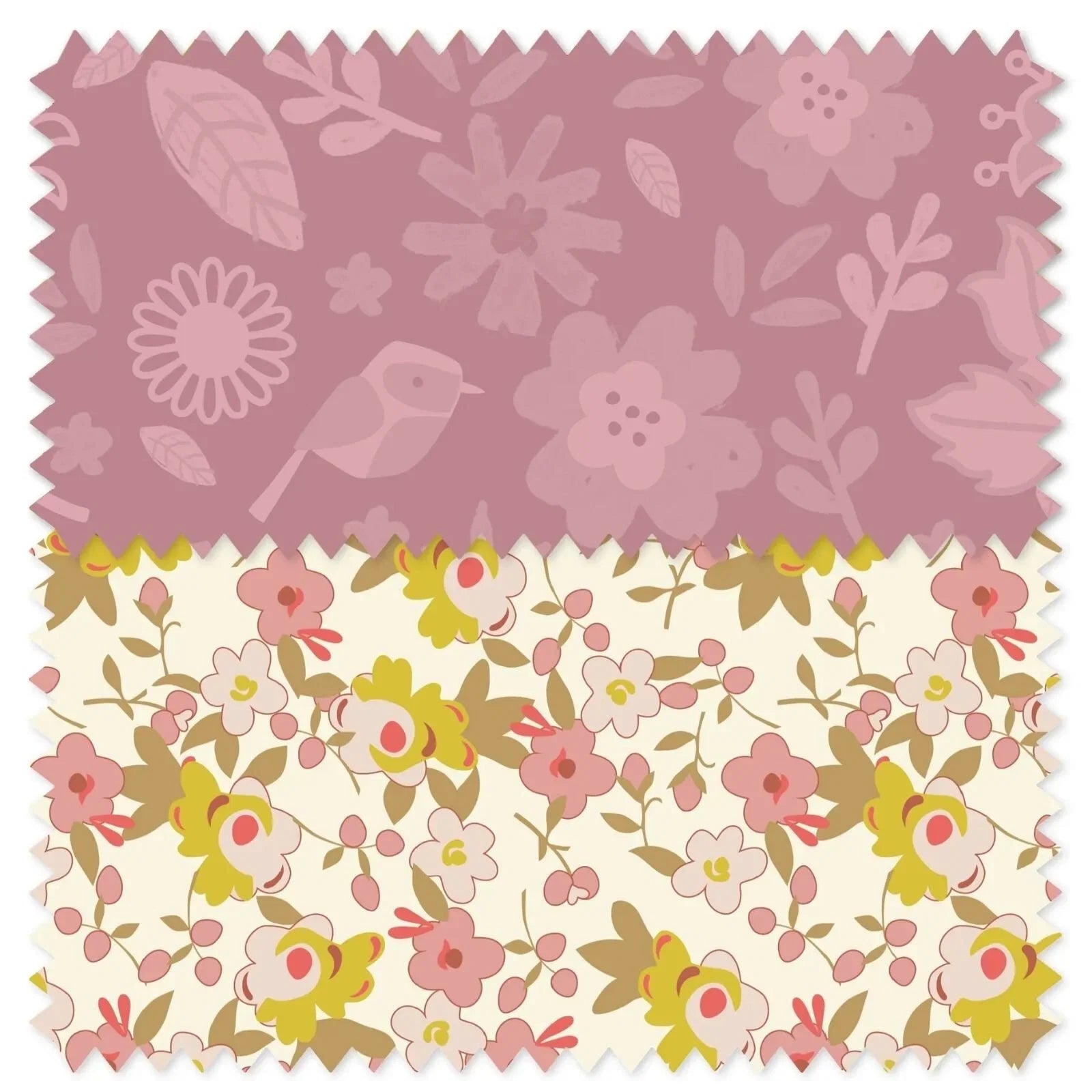 Pink and cream floral fabric swatch with leaf and flower pattern