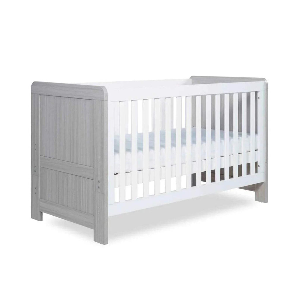 Ash grey cot bed frame with white slats and top rail, side view