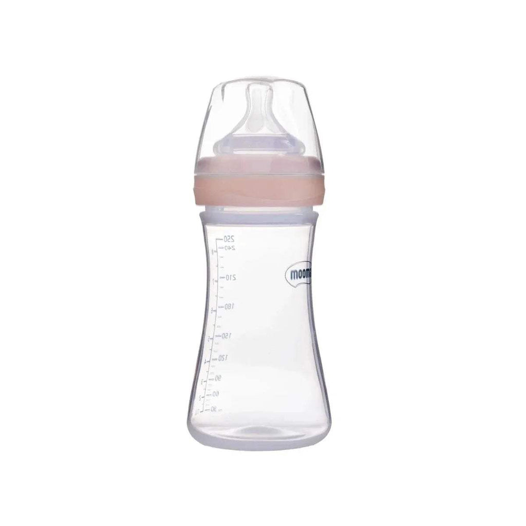 Mooma toddler feeding bottle with old rose collar and printed measurement scale