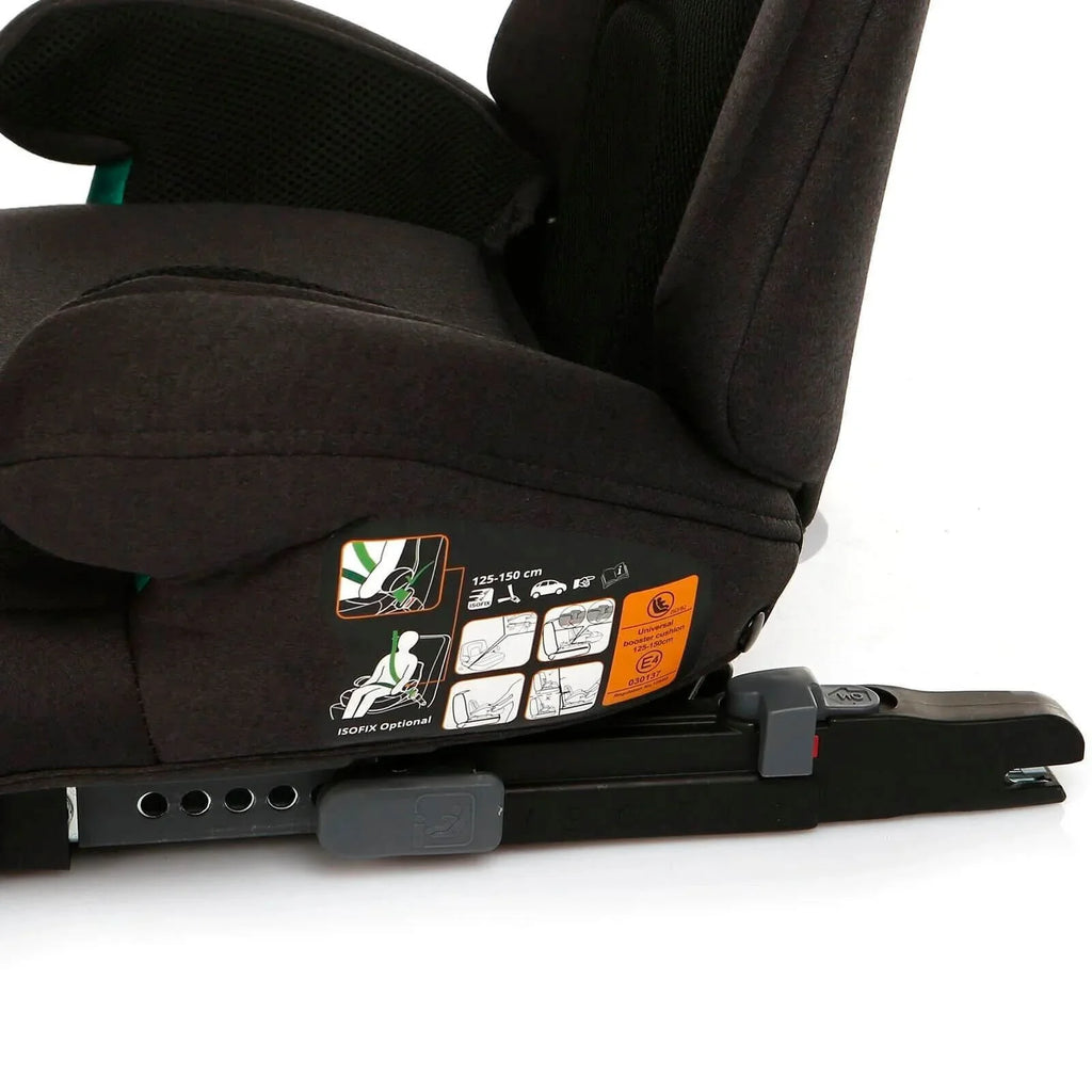 Black booster car seat detail of ISOFIX instruction label on base