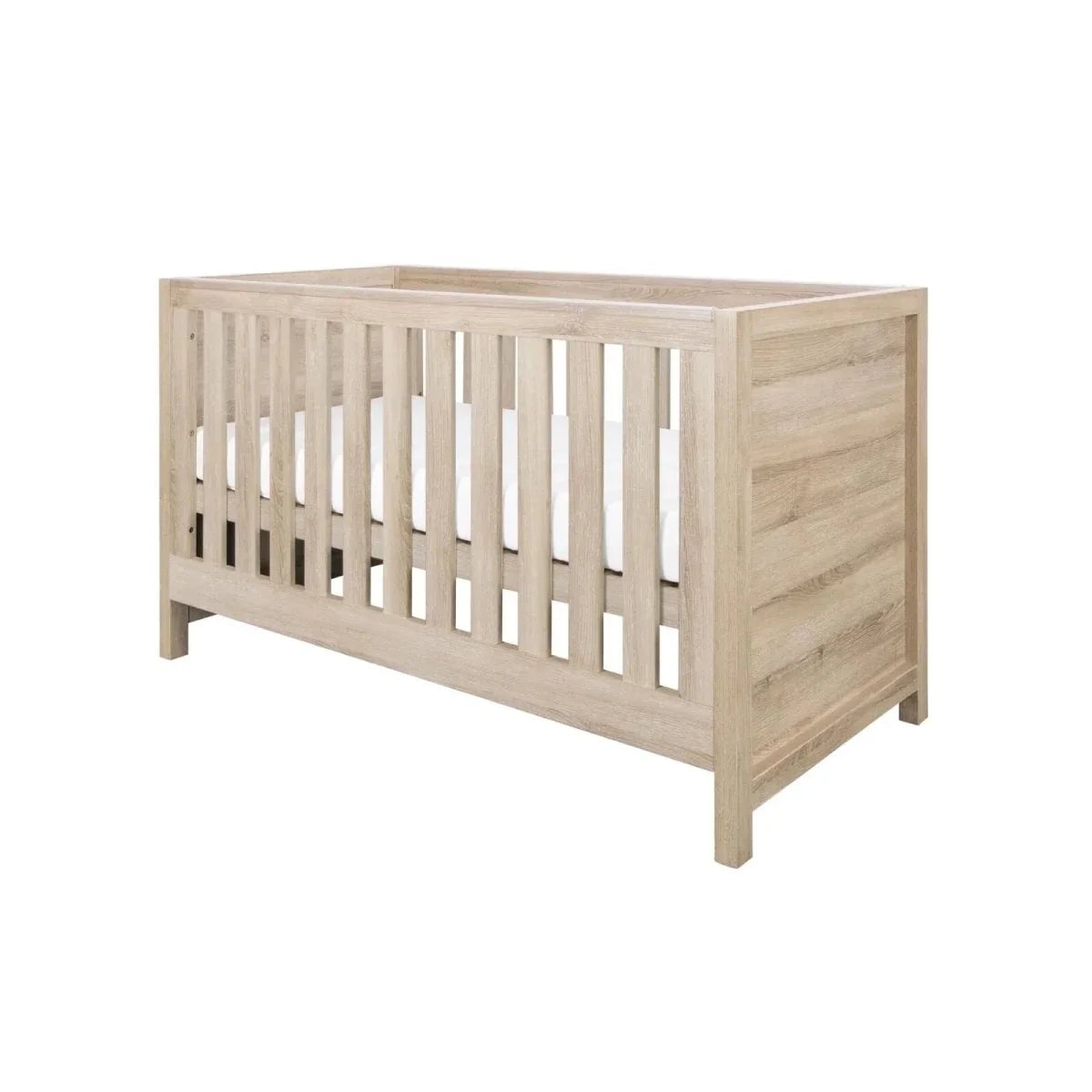 Light oak cot bed with vertical slat rail, angled view