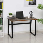 Front view writing desk with rustic brown top, black steel legs, laptop on surface