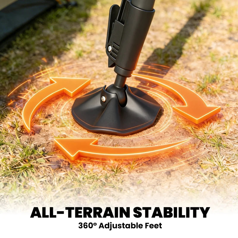 Black camping chair base with 360-degree adjustable stabilizing feet on grass