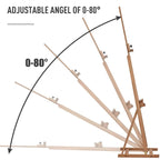 Natural wood easel showing adjustable working angle range up to 80 degrees