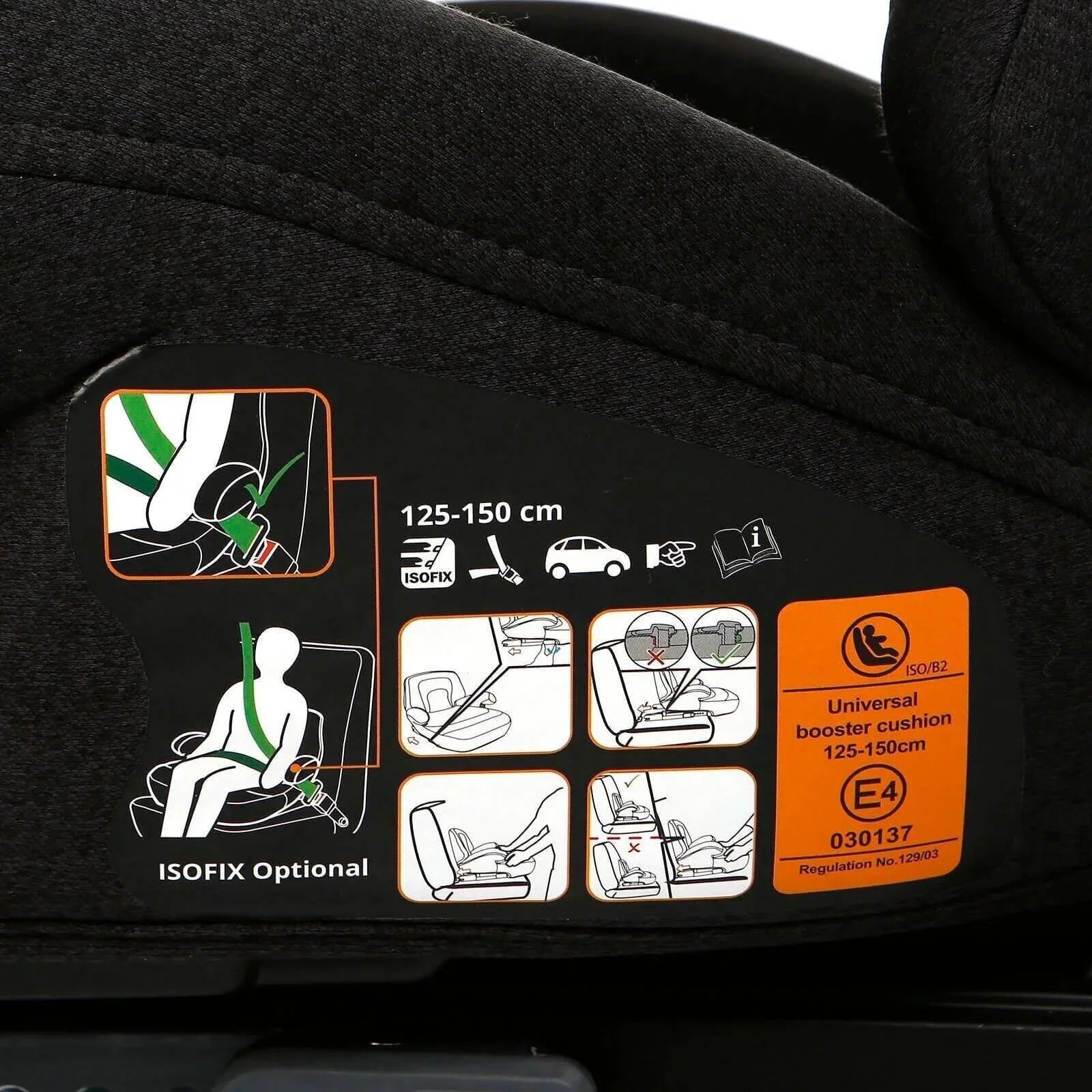 Black booster car seat ISOFIX sticker with size range and usage icons