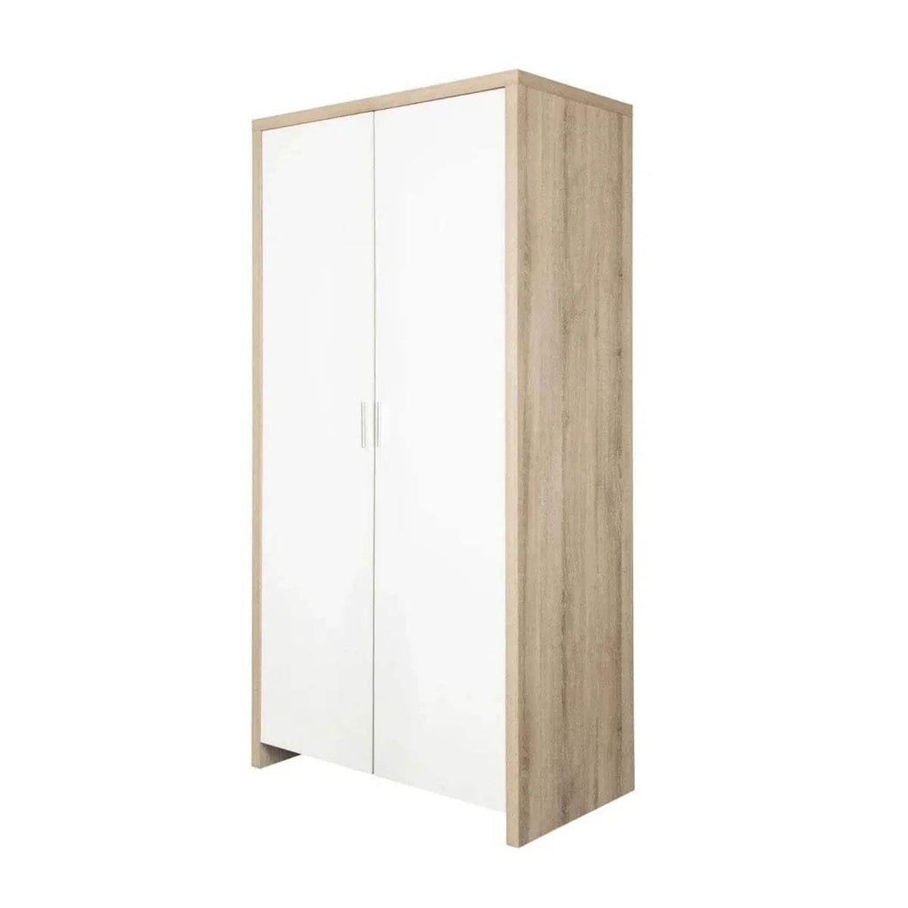Oak and white wardrobe cabinet with two doors and vertical handles