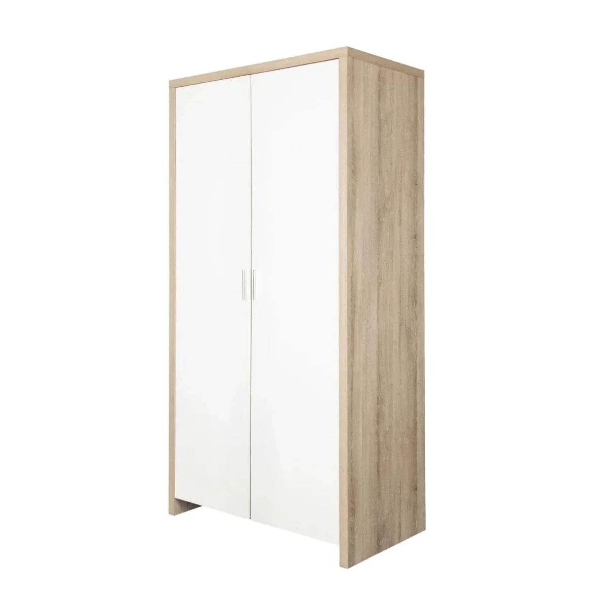 Oak and white wardrobe cabinet with two doors and vertical handles
