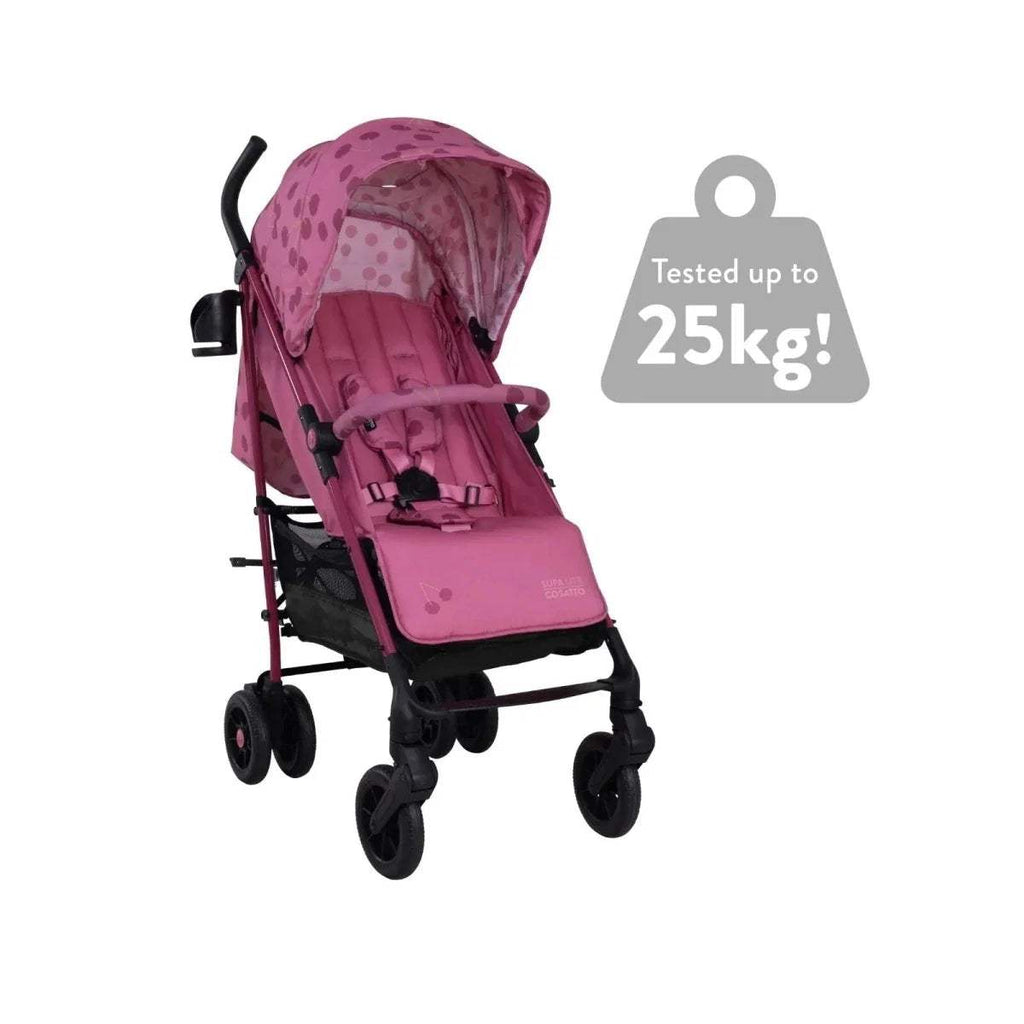 Cherry pink patterned stroller; tested weight up to 25kg (icon shown)
