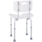 White bath stool chair front view with backrest, contoured seat, and adjustable silver legs