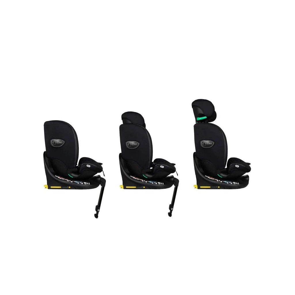 Cosatto i-Size 360 car seat from rear, black shell with small green detail on base