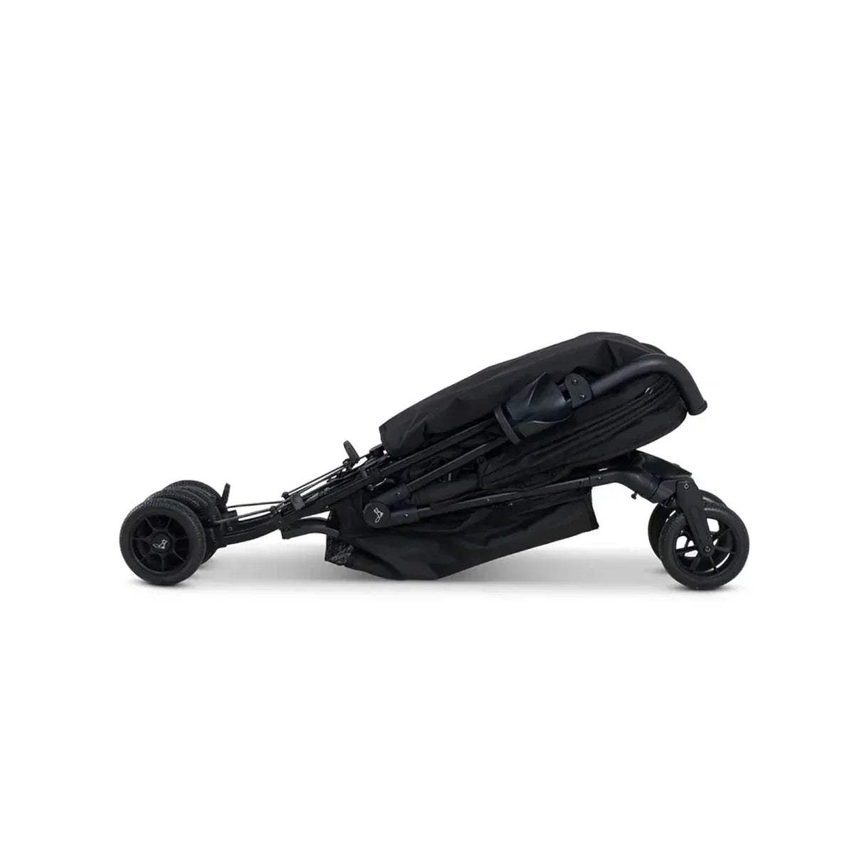 Lightweight stroller with black frame and canopy, side low-angle view