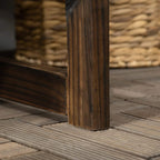 Outdoor bench leg and frame corner detail in dark carbonised wood
