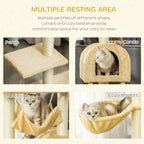 Beige cat tree tower showing perch, hammock, and cozy enclosed basket rest areas