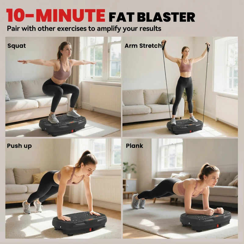 Black vibration plate exercise machine used for squats, push-ups, and planks