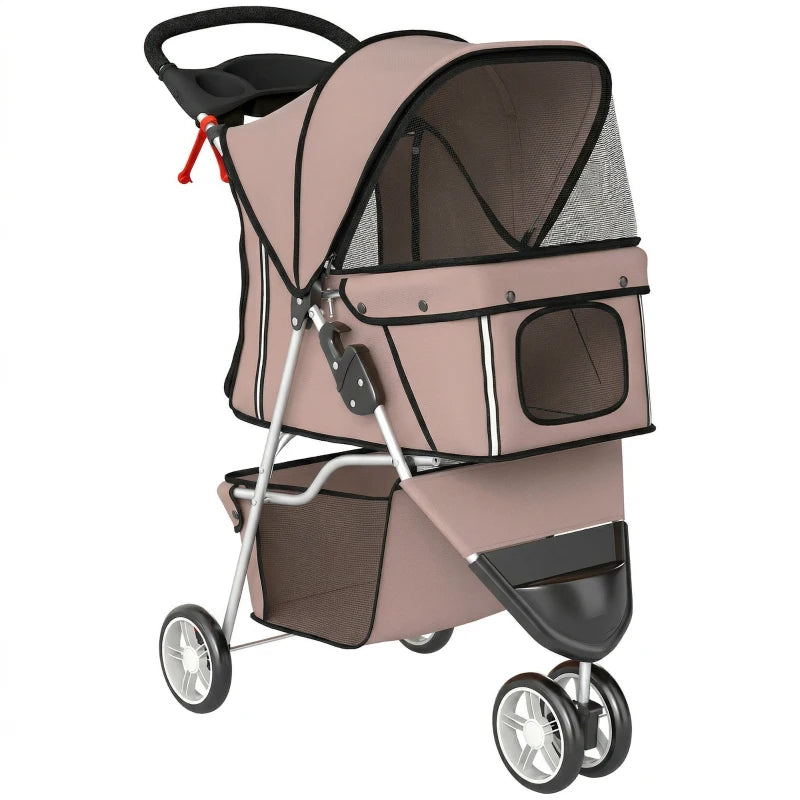 Brown 3-wheel foldable dog stroller with adjustable canopy and mesh side window
