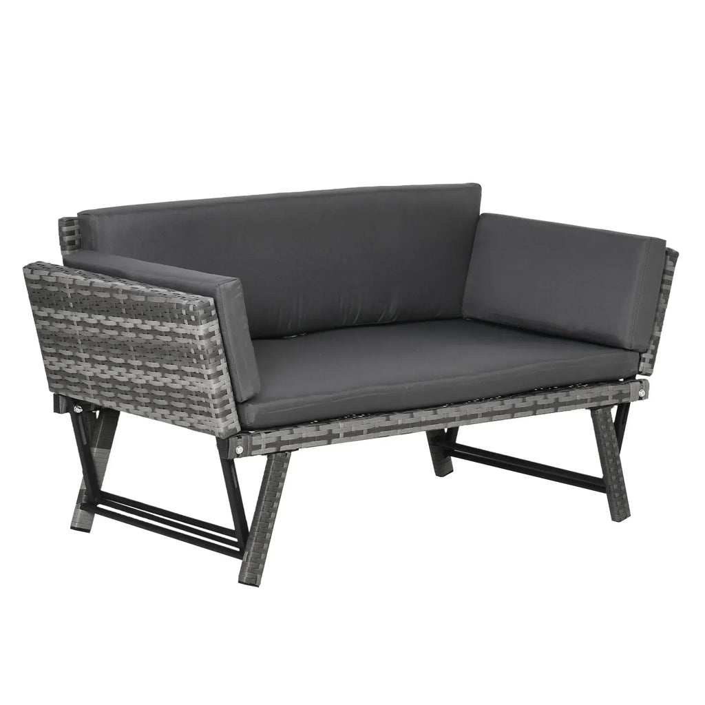 2 Seater Rattan Sofa with Cushions, 2-in-1 PE Rattan Daybed Sofa with Left Up or Down Armrests, Garden Chaise Lounger Loveseat for Outdoor, Patio, Mixed Grey - Bobobiy
