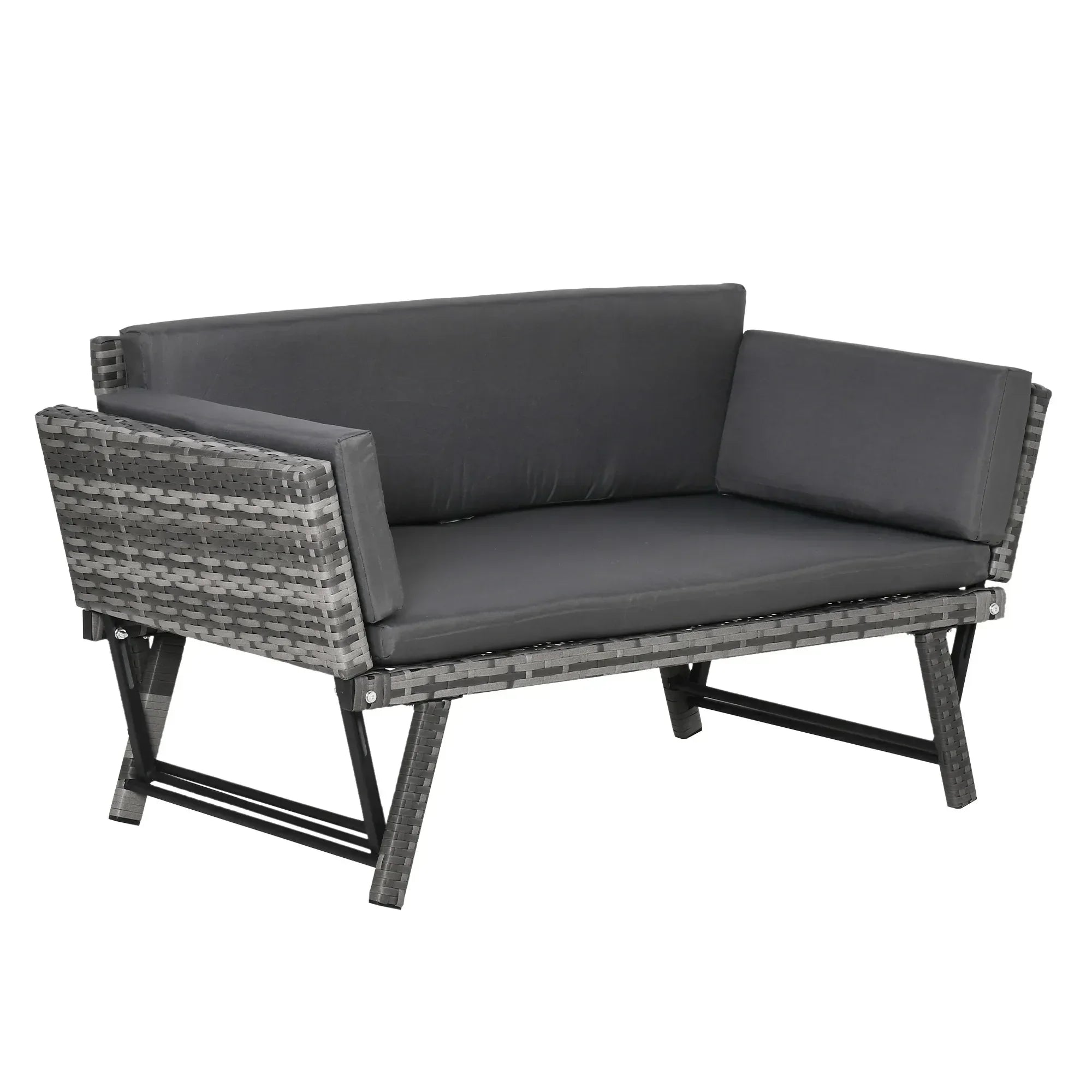 2 Seater Rattan Sofa with Cushions, 2-in-1 PE Rattan Daybed Sofa with Left Up or Down Armrests, Garden Chaise Lounger Loveseat for Outdoor, Patio, Mixed Grey - Bobobiy
