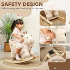 Beige plush giraffe rocking ride-on toy with safety belt, wide base, and handle