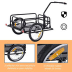 Black bike cargo trailer with two 16-inch inflatable wheels and reflectors