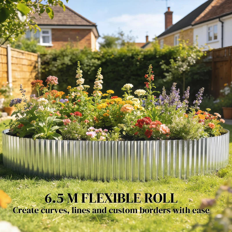 6.5 m flexible galvanized steel edging roll in a circular flower bed border, silver