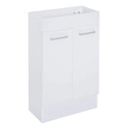 White under-sink vanity cabinet with ceramic inset basin and two storage doors