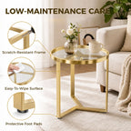 Gold round side table with tempered glass surface and sturdy geometric metal frame