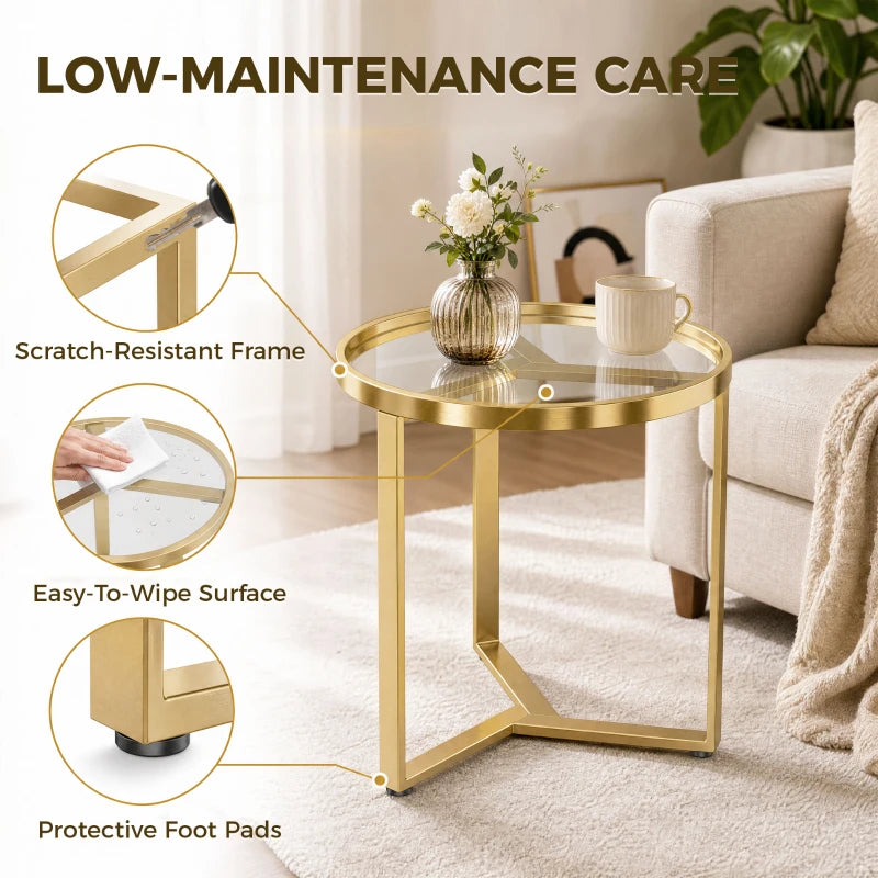 Gold round side table with tempered glass surface and sturdy geometric metal frame