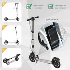 Silver folding kick scooter with quick-fold lock for compact transport.