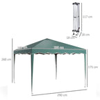 Green pop-up gazebo with adjustable legs and straight frame, full standing view
