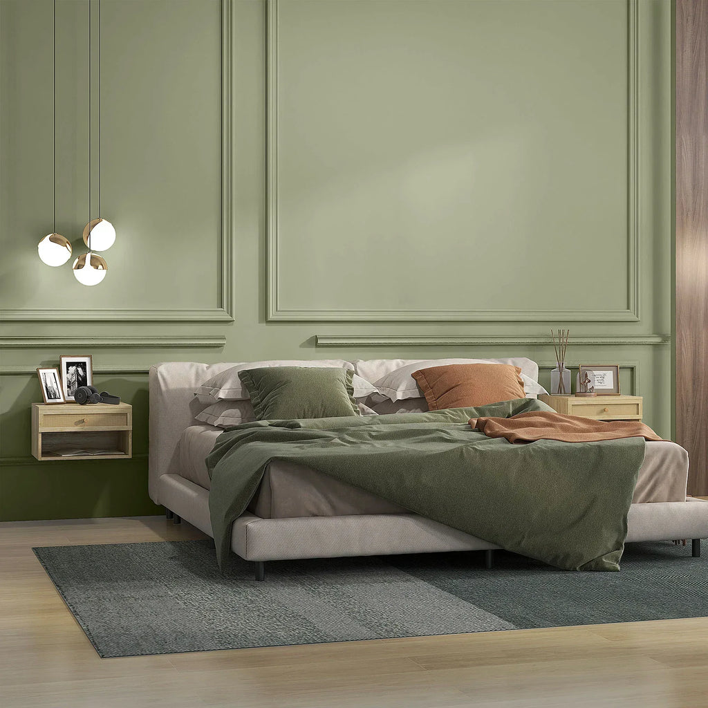 Set of Two Rattan Panel Floating Bedside Tables - Wood-Effect - Bobobiy