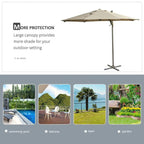 Khaki hanging beach umbrella parasol with large canopy on freestanding base