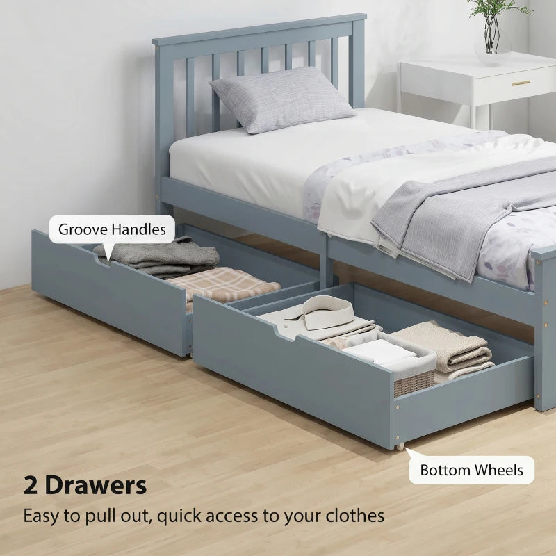 Grey pine single bed with two pull-out drawers, groove handles, and slatted headboard