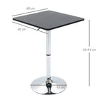 Black square counter-height bar table with chrome pedestal base and height-adjustable column.