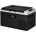 Grey and black portable car refrigerator with top handle and vented side panel
