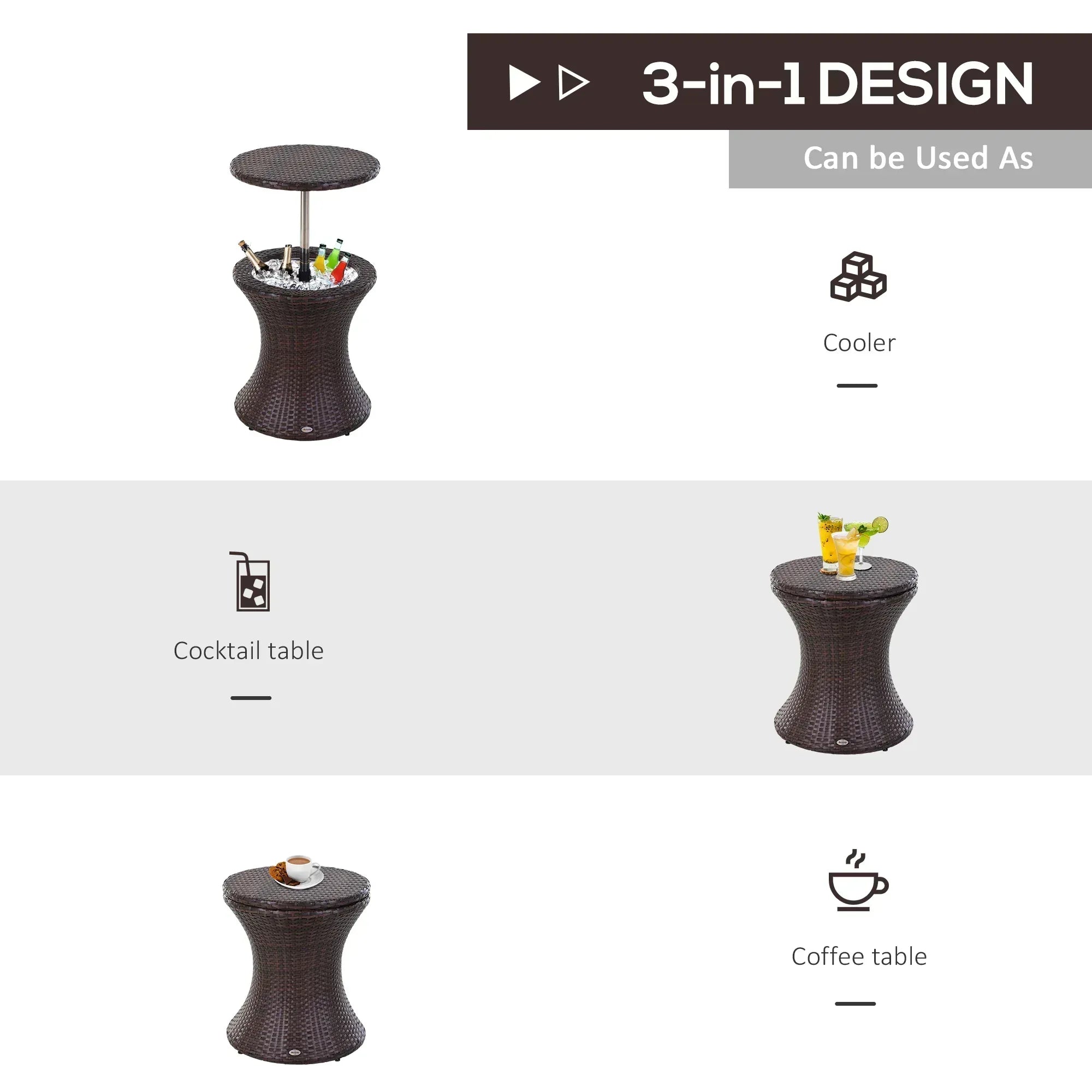 PE Rattan Ice Bucket Table, Height Adjustable Liftable Outdoor Drinks Cooler, 52 cm Round Garden Beer Cocktail Table with Lid for Bar, Patio, Terrace, Brown - Bobobiy