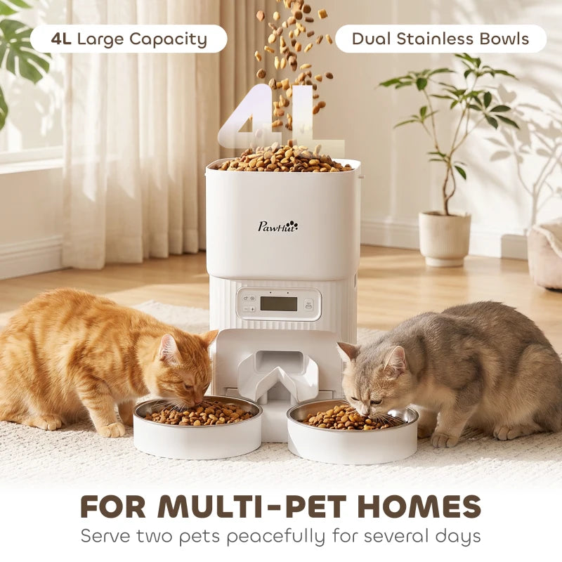 White automatic cat feeder with dual stainless bowls feeding two cats at once