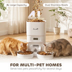 White automatic cat feeder with dual stainless bowls feeding two cats at once