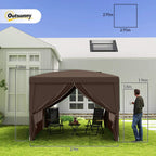 Coffee pop up gazebo with open front, draped curtains, and large window panels