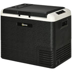 Portable car refrigerator cooler with black body and white lid, top handle and side vent