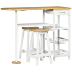 Natural-top bar table with white frame and two stools plus wire basket storage
