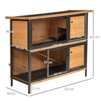 Two-tier pet hutch with wire mesh compartments, wooden doors, and dimensions labels