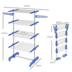 Blue four-tier clothes horse dimensions view, with side arms and wheeled base