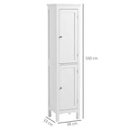 White slim tall storage cabinet with two doors and lower base with four legs