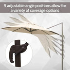 Beige cantilever umbrella showing adjustable tilt with dark crank and support pole